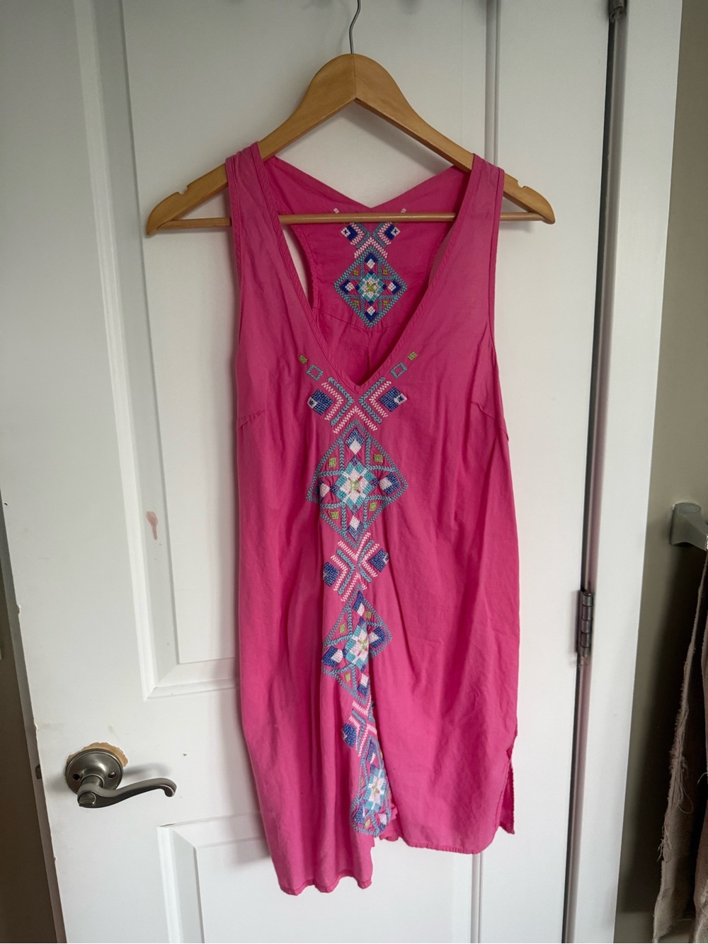 Pink Embroidered V-Neck Swim Coverup